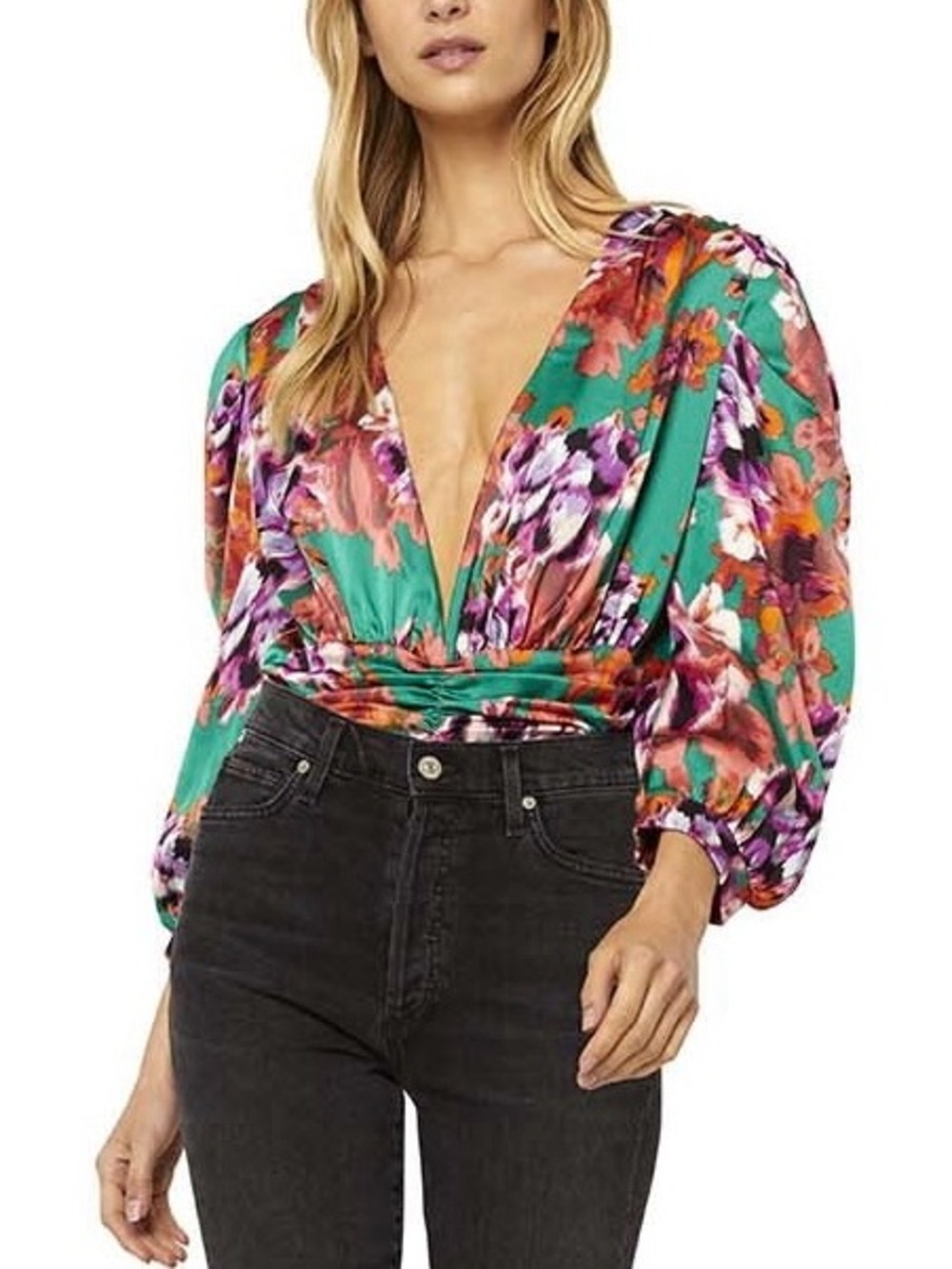 Misa Bodysuit Ari Floral Satin Blouson Sleeve Deep V Neck Green Orange